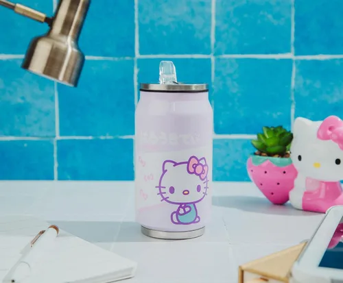 Vista 2 de Silver Buffalo Sanrio Hello Kitty - Taza de acero inoxidable con doble pared para soda con popote abatible, 11.8 onzas
