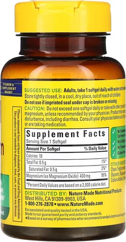 Vista 7 de Nature Made Óxido de magnesio extra fuerte 400 mg, suplemento dietético para apoyo muscular, nervio, hueso y corazón, 60 cápsulas blandas
