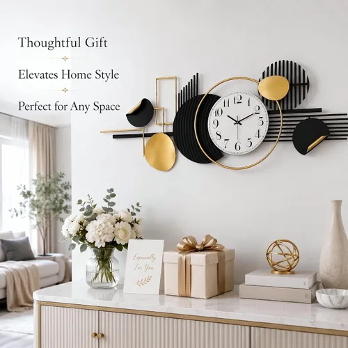 Vista 8 de HAVFIFK - Reloj de pared de metal grande de 59 pulgadas, reloj silencioso 3D para sala de estar Layered Geometric Design, Easy to Install, Heibai