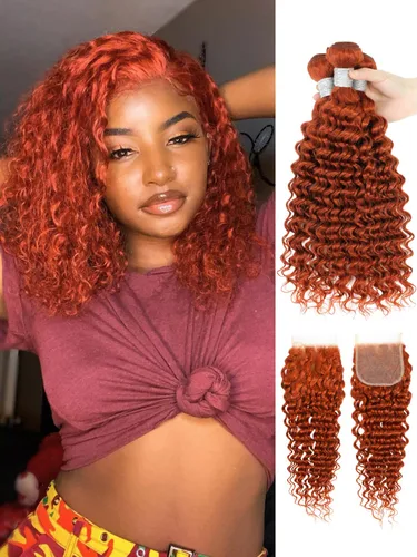 Vista 52 de Cabello Humano Rizado Castaño Rojizo, Trama Gruesa Castaño Cobrizo Rojo Coloreado Ondas Profundas Paquetes Individuales Cabello Humano 12A Tejido