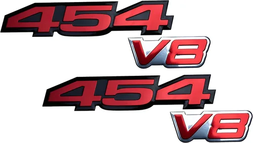 Vista 2 de Combo rojo sobre negro 454 y rojo sobre plata V8 altamente pulido de aluminio en relieve, placa de identificación compatible con 454 V8 Chevy