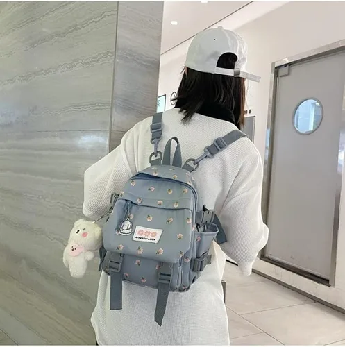 Vista 2 de kakarin choyx Mochila estética Kawaii de 10.6 pulgadas con colgante mini mochila linda mochila japonesa bolsa de flores, Azul, Kawaii