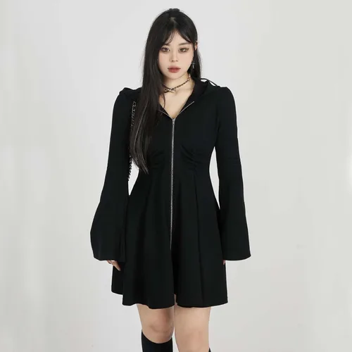 Vista 5 de MLAFE Vestido negro con capucha gótico para otoño e invierno, vestido de suéter con capucha, manga para muñeca, vestido ajustado Harajuku