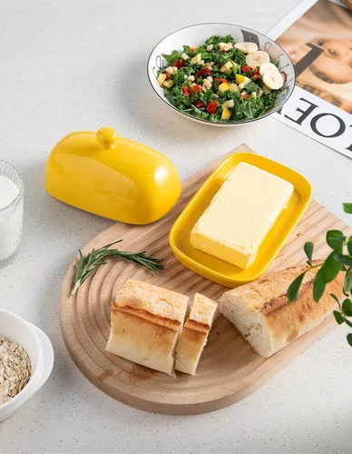 Vista 2 de Sweejar Mantequillera de cerámica con tapa para encimera, recipiente para mantequilla de porcelana con mango de perilla, recipiente para mantequilla
