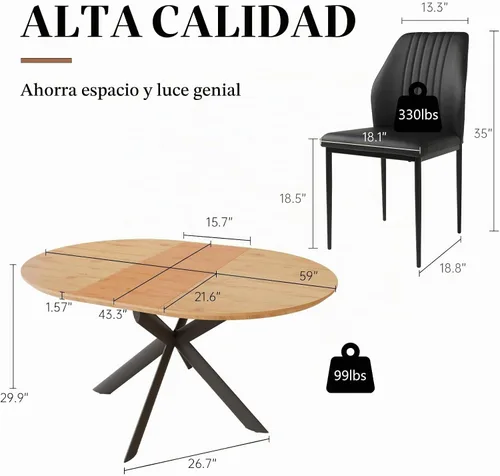 Vista 6 de HIPIHOM Juego de mesa de comedor extensible redonda de 43.2"-59.1", mesa redonda de madera para 4-6 personas, mesa de café de roble con superficie