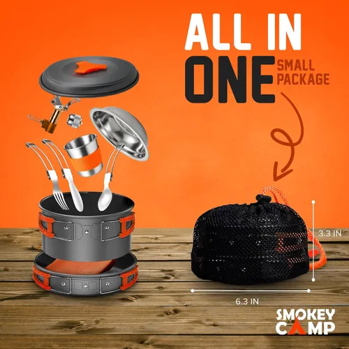Vista 2 de Smokey Camp Camping Cookware Mess Kit Set with Stove - Backpacking Camping Pots and Pans Set, All in One Non-Stick Camping Cooking Set, Portable