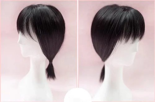 Vista 4 de Extensiones de pelo liso de fibra sintética de 14 pulgadas con flequillo de irregularidad (negro delgado)