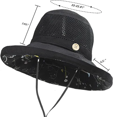 Vista 2 de Sombreros de malla de verano para mujeres con protección UV de ala ancha plegables para playa tipo bucket Negro