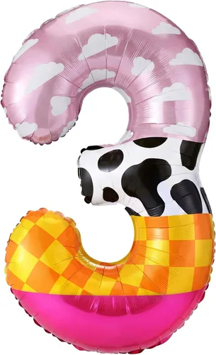 Vista 22 de Globo número 0 de 40 pulgadas con nubes rosadas, diseño de tatuajes, globos de papel de aluminio de números grandes para fiesta temática de granja