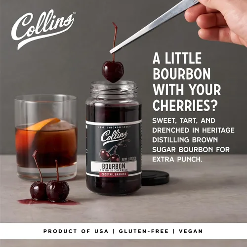 Vista 2 de Collins Bourbon Cocktail Cherries - Aderezo para bebidas para cócteles Manhattan o Old Fashioned y postres, hecho con whisky galardonado, frasco