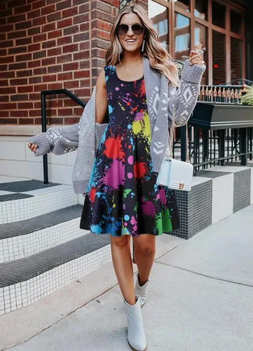 Vista 46 de uideazone - Vestido de mujer sin mangas cuello redondo de verano, para playa, casual, Midi línea A.