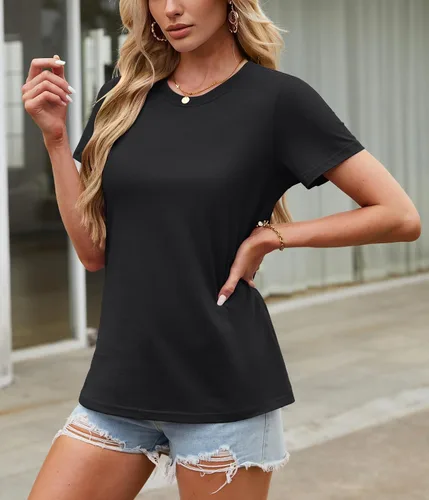 Vista 2 de TACVASEN Camisetas de algodón para mujer, camiseta de manga corta, casual, camisetas básicas con cuello redondo