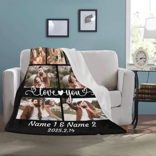 Vista 3 de HUGLAZY Manta personalizada para amantes con texto fotográfico, manta de collage de imágenes personalizada para regalo del día de San Valentín