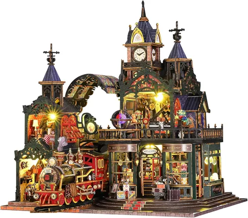 Vista 8 de Spilay Kit de Casa en Miniatura DIY, Casa de Muñecas Castillo de Edimburgo con Caja de Música y Cubierta Antipolvo, Kit de Rompecabezas de Madera 3D