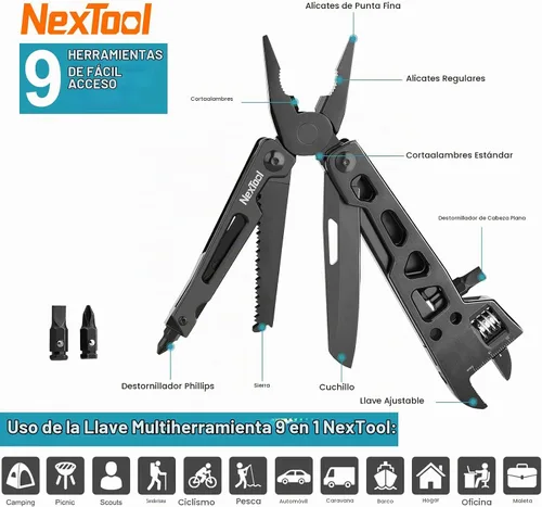 Vista 7 de NexTool Llave multiherramienta ajustable, multiherramienta 9 en 1 con alicates multiherramienta, llave ajustable, cuchillo de bolsillo