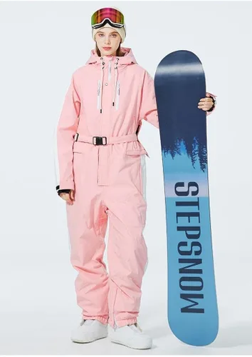 Vista 4 de ALSOGO Traje de esquí de una pieza para mujer, impermeable, aislado, con cinturón desmontable para deportes de nieve