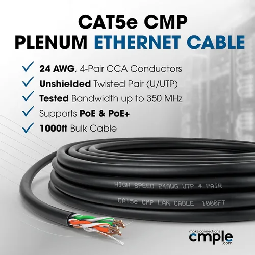Vista 2 de Cmple - Cable Plenum Cat5e de 1000 pies, CMP, Negro, 350MHz Gigabit Ethernet Red Sólida Internet Bulk UTP