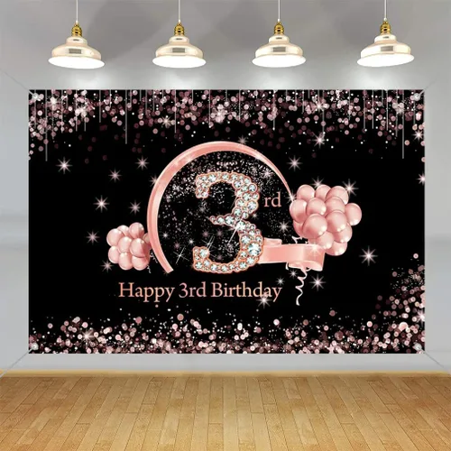 Vista 5 de Cartel de tela para decoración de cumpleaños de 3 años para niñas de 3 años, cartel de tela para cumpleaños de niña, fondo fotográfico negro y rosa