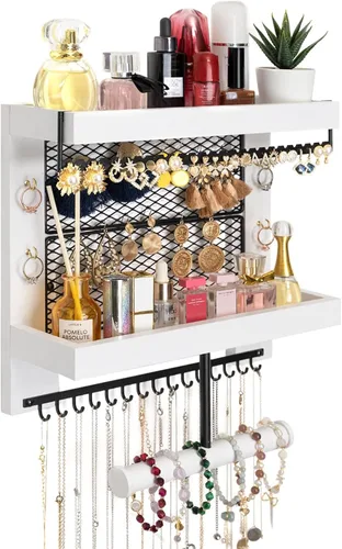 Vista 7 de Pinzoveco Organizador de joyas colgante montado en la pared con soporte organizador de joyas de pared para collares, pulsera, aretes, anillo (negro)