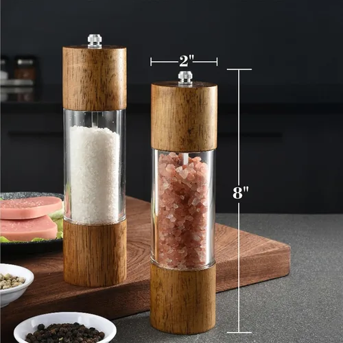 Vista 2 de Molinillo de sal y pimienta de acrílico y madera, 2 unidades, molinillo ajustable 2-pack, Wooden Pepper Grinder, Durable Ceramic Grinder