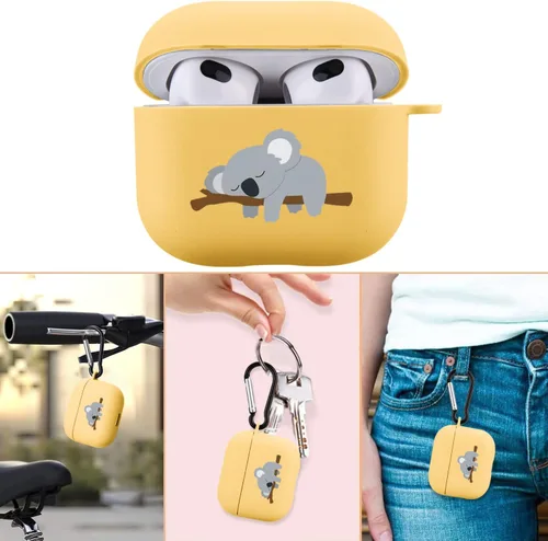 Vista 6 de Bonita funda de koala para dormir compatible con AirPods 3 con llavero, diseño de animales de dibujos animados, funda de TPU suave para AirPods 3