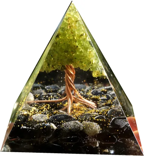 Vista 2 de Árbol de la vida hecho a mano Orgonita Pirámide Peridoto con Piedra de Cristal de Obsidiana Positivo Reiki Generador de Energía Curativa Colección