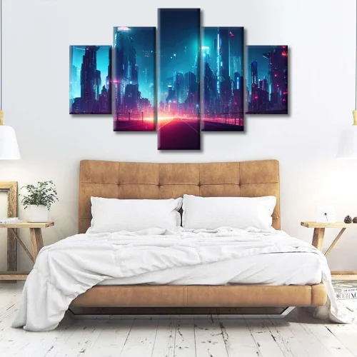 Vista 152 de Cuadros de 5 paneles de Cyberpunk City, arte de pared, representación de vallas publicitarias, edificios modernos en la capital con obras de arte