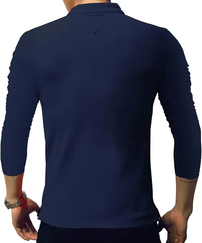 Vista 4 de LOGEEYAR Camisa polo de moda para hombre, de manga larga, ajustada, Henley, ropa de algodón piqué