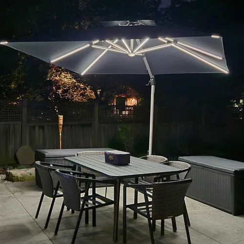 Vista 55 de PURPLE LEAF Sombrilla de patio de 9 x 12 pies con luces, sombrilla rectangular voladiza para exteriores, funciona con energía solar, LED