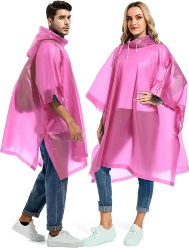 Vista 64 de Ponchos de lluvia reutilizables con capucha con cordón para adultos, abrigo de lluvia grueso impermeable, 2 paquetes