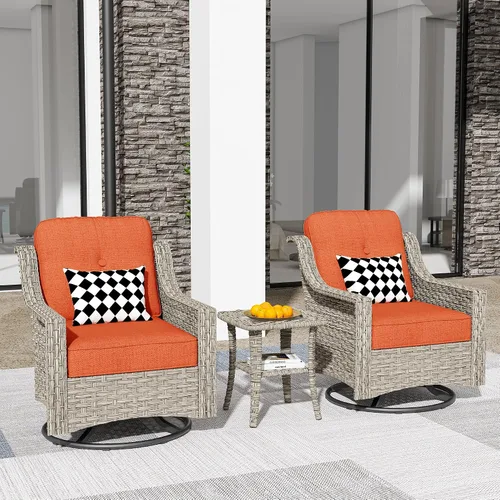 Vista 90 de HOOOWOOO Sofá de patio de 3 plazas de mimbre para exteriores, resistente a todo tipo de clima, con respaldo alto, muebles a juego (beige y bronceado)