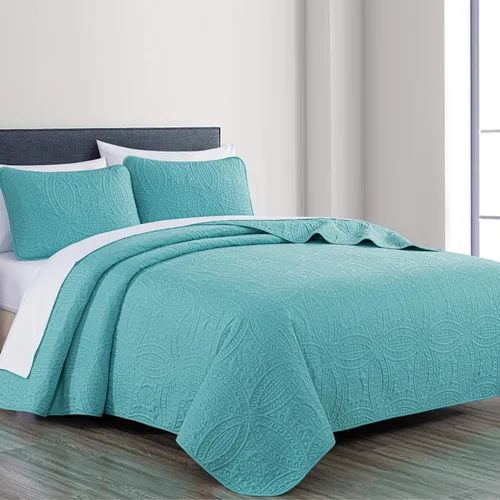 Vista 42 de Chezmoi Collection Austin - Juego de colcha tamaño matrimonial/doble, colcha de microfibra ligera acolchada Pinsonic de 3 piezas, color azul grisáceo