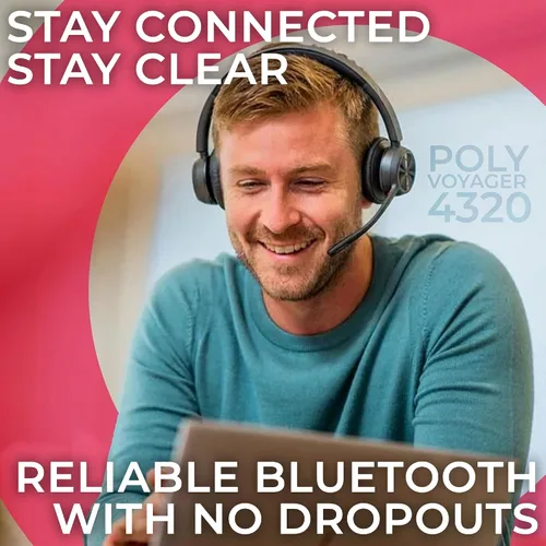 Vista 3 de Poly Voyager 4320 UC - Auriculares inalámbricos Bluetooth Duo (USB-A) con soporte de carga, paquete global Teck con paño de microfibra, teléfono