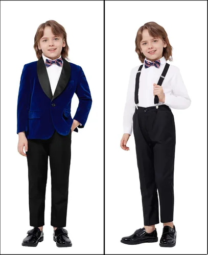 Vista 6 de MAGE MALE Traje de terciopelo de 3 piezas para niños, conjunto de chaqueta de varios colores para boda, graduación, fiesta, esmoquin con tirantes