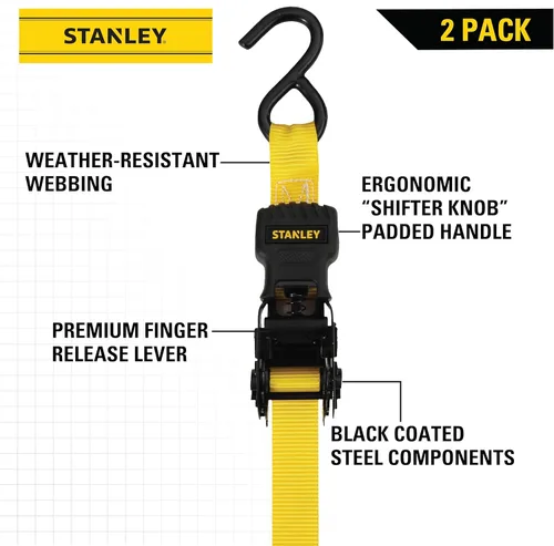 Vista 2 de STANLEY S10002 Correas de amarre de trinquete negras/amarillas de 1 pulgada x 10 pies - Carga de trabajo segura de 500 libras / Resistencia a