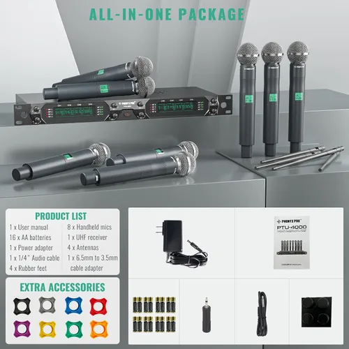 Vista 5 de Phenyx Pro Sistema de micrófono inalámbrico, paquete de micrófono inalámbrico UHF de 8 canales (PTU-4000-8H) con cable de serpiente XLR de 3 pies