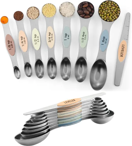 Vista 10 de ChefAide Paquete de 8 Cucharas Medidoras Magnéticas de Acero Inoxidable, de Doble Cara, Apilables, Cucharadita y Cucharada Medidoras Ajustables