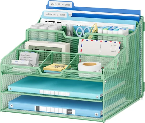 Vista 15 de Lavatino Organizador de escritorio, malla metálica con 2 bandejas de papel para cartas, 7 divisores flexibles, 2 soportes verticales para archivos