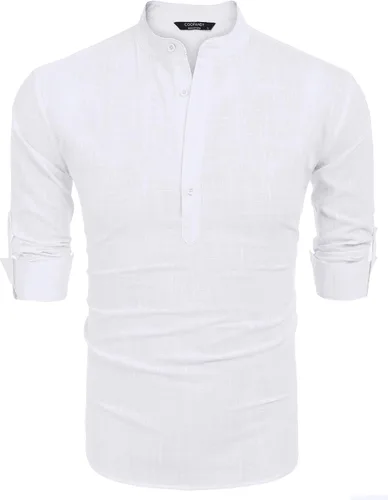 Vista 7 de COOFANDY - Camisa de lino y algodón con cuello Henley, de manga larga, estilo hippie, informal, camisetas de playa