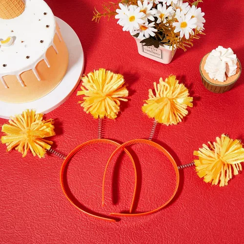 Vista 6 de Tigeen Diadema con pompones para la cabeza, 12 unidades, color amarillo (disfraz) para mujeres y adultos, accesorios para fiestas de cumpleaños