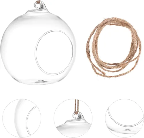Vista 3 de Happyyami 6Pcs 10Cm Glass Hanging Terrarium Holder with 6M Jute Rope for Indoor Plant Decor, Succulent and Air Plant Vase Set, Home Hanging Planter