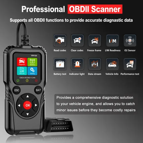 Vista 2 de Escáner OBD2 con probador de batería, lector de códigos de automóvil para comprobar la luz del motor, datos en vivo, voltaje y vida de la batería