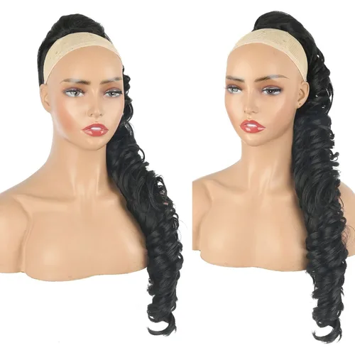 Vista 5 de KRSI Extensión de cola de caballo larga y ondulada con cordón, 28 pulgadas, 1B#, para mujeres, clip de cabello negro, cabello sintético, extensión
