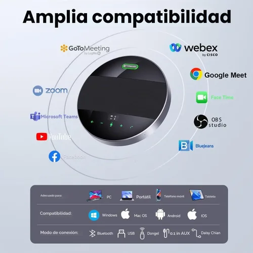 Vista 9 de TONGVEO Altavoz y micrófono de conferencia 2 en 1, altavoz inalámbrico Bluetooth Daisy Chain con micrófonos omnidireccionales de 360° conexión Negro
