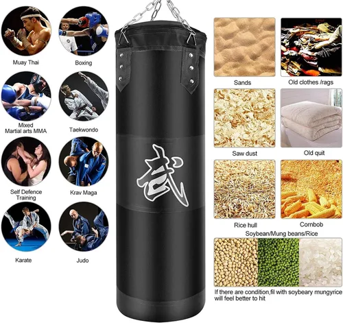 Vista 4 de Juego de sacos de boxeo colgantes sin relleno, sacos de boxeo pesados para adultos, niños y jóvenes, incluye vendas para manos, ganchos para sacos