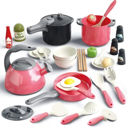 Vista 19 de Bruvoalon Juego de 32 juguetes de cocina para niños, accesorios de cocina con ollas, sartenes, utensilios de cocina, alimentos, verduras enlatadas