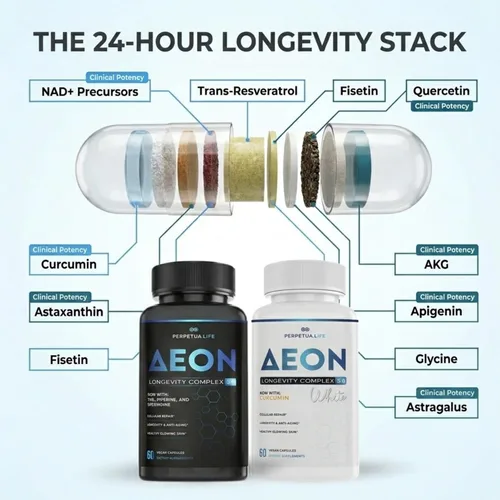 Vista 2 de AEON - Complejo de longevidad en blanco y negro con NAD+, curcumina, resveratrol, astaxantina, fisetina, quercetina, AKG, apigenina, glicina