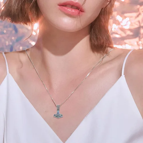 Vista 2 de Mjolnir - Collar con martillo y aretes de abulón de plata de ley, collar con colgante de martillo de Thor y aretes de aro de luna, joyería