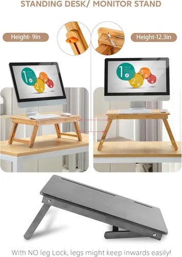 Vista 4 de Mesa para laptop Nnewvante ajustable de bambú, bandeja plegable para servir el desayuno en la cama con cajón superior inclinable