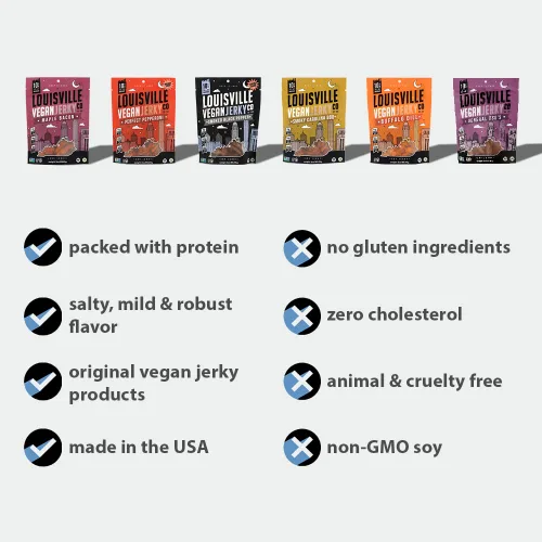 Vista 7 de Louisville Vegan Jerky - Carne vegana y vegetariana de pimienta negra ahumada, 0.67 oz de proteína de soja sin OMG, 310 calorías por bolsa